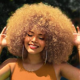 Color Circle Short Afro Wig for Black Women 70s Big Afro Kinky Curly Wig with Bangs Glueless Wear and Go Natural Looking Synthetic Hair 10 inches Wig For Daily Party Use（Black） (Blonde)