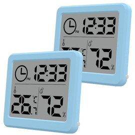[2 Pack] 3.2 Inch Digital Indoor Hygrometer Thermometer, Room Thermometer Humidity Gauge with Time Clock, High Accuracy Temperature Humidity Monitor with Magnet for Home Office Greenhouse, Blue