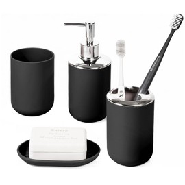 Bathroom Accessory Set, 4 Pcs Plastic Bathroom Set Include Soap Dispenser, Soap Dish, Toothbrush Holder, Mousewash Cup, Modern Bahtroom Décor Set, Space Save for Bathroom(Black)