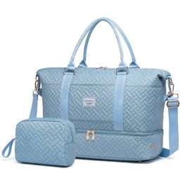 Duffle Bag for Travel, Weekender Bag with Shoe Compartment, Carry On Overnight Bag for Women with Toiletry Bag, 50L Gym Bag with Wet Pocket, Hospital Bags for Labor and Delivery, Blue-Embroidery,