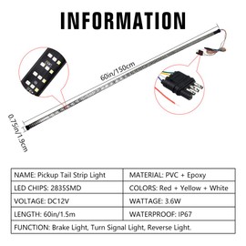 1797 Tailgate Light Bar LED Tail Brake Backup Reverse Turn Signal Running Strip for Truck Bed Pickup Trailer Cargo SUV RV Van Red Amber Yellow White 60in 12V