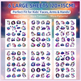 Children's Tattoos, 6 Sheets Unicorn Tattoos for Children, Large Format Temporary Tattoos for Girls and Boys, Skin-Friendly & Waterproof Children's Tattoos, Party Bags for Children's Birthday Parties