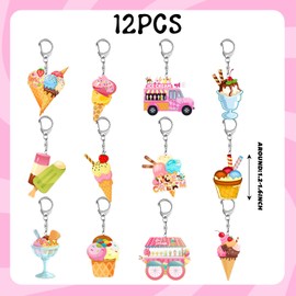 YYMYMGJ 12 PCS Ice Cream Party Favors 12 Style Ice Cream Acrylic Keychains for Ice Cream Birthday Party Decorations Supplies Gifts for Kids Classroom Prizes