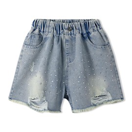 Rolanko Girls Denim Shorts Elastic Waist Summer Ripped Hot Short Jeans with Pockets for Kids, Ripped Hole, Size: 13-14 Years,170