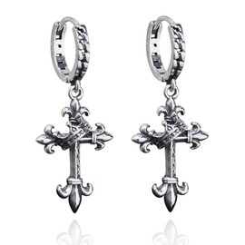 men's cross earrings with crown - vintage crucifix pendant for men, jesus cross earrings (Silver)