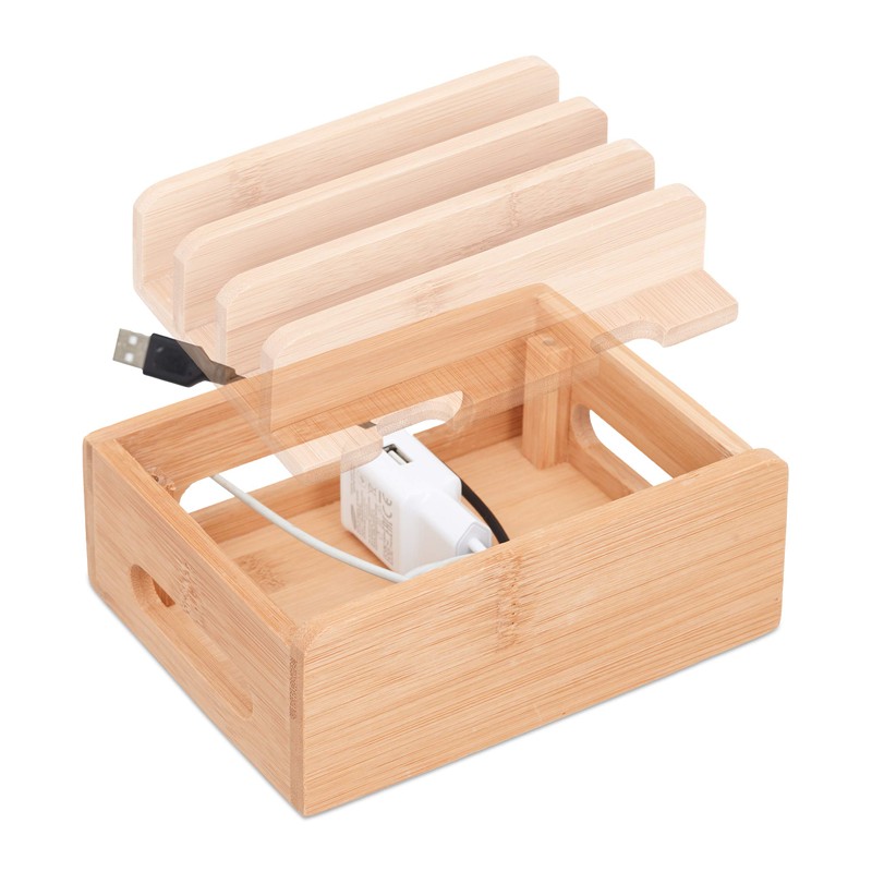 Relaxdays Bamboo Docking Station, Desk Phone Stand for 6 Devices,