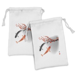 Ambesonne Japanese Fabric Pouch Set of 2, Koi Carp Fish Couple Swimming Cherry Blossom Sakura Branch Culture Design, Small Drawstring Bag for Toiletries Masks and Favors, 9" x 6", Orange Grey