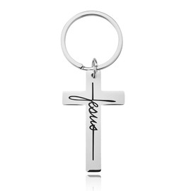 Jesus Cross Keychain Inspirational Faith Gift for Women Men Stainless Steel Cross Pendant Keyring Christian Key Holder Religiou Baptism Gifts for Christian Key Charm First Communion Favors