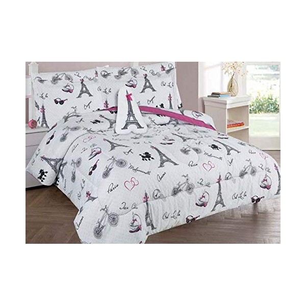 Full Size 8 Pieces Printed Comforter with Sheet Set Bed in Bag Multi Colors White Black Pink Paris Eiffel Tower Design Girls/Kids/Teens # Full 8 Pc Paris