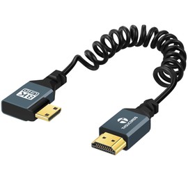 Thsucords 8K Left Angle Mini HDMI to HDMI Coiled Cable 3FT, 90 Degree HDMI to Mini HDMI Male to Male Spiral Cord, Support 8K@60Hz 4K@120Hz 48Gbps for Nikon,DSLR, Camcorder, Laptop, Tablet