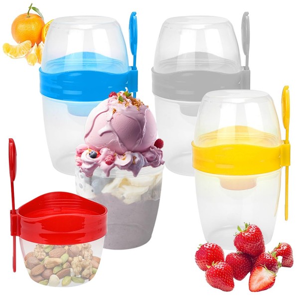 CYNNXIA 4 PCS Overnight Oats Container with Lid and Spoon, 870 ml Yogurt Pot Reusable On The Go Cereal Cups Plastic Breakfast Pot Muesli Cup for Salads Fruit Milk Porridge (Red, Blue, Grey, Yellow)