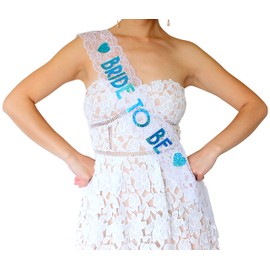 Bride to Be Lace Sash - Bachelorette Party, Bridal Shower & Wedding Party Accessory (White & Light Blue)