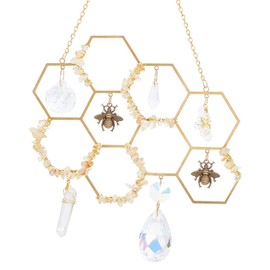DELORIGIN Honeycomb Bee Suncatcher Brass Crystals Window Hanging Bumble Prism Hive Catcher Crystals Pendant Balls Ornament for Window Home Indoor Outdoor Garden Christmas Day Party Wedding Decoration