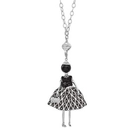 Le Amiche Silver-tone Onyx Strass Crystal Black/White Doll Charmw/Chain