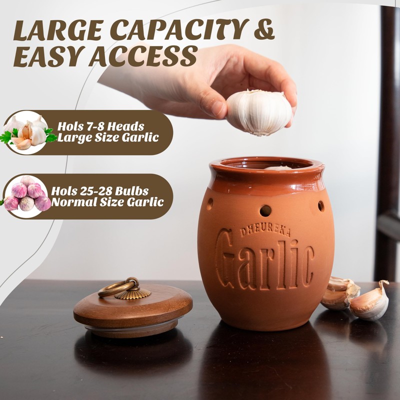 Dheureka Garlic Keeper with Wooden Lid, 19 oz Clay Garlic