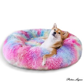 Patas Lague Calming Dog Bed for Medium Dogs, Fluffy Soft Cozy Cat Bed, Faux Fur Anti-Anxiety Plush Donut Cuddler, Washable Pet Bed for All Seasons (32 in, Mixed Rainbow)