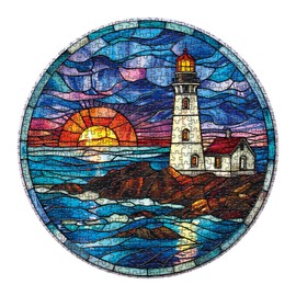Stained Glass Beach Lighthouse Puzzle for Adults 1000 Piece, Ocean Sunset Jigsaw Puzzle, Nature Landscape Puzzle Scenery