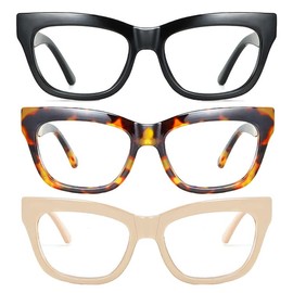 bullabulling 3Pack Bling Square Cateye Reading Glasses For Women Men Spring Hinges Blue Light Blocking Computer Readers (black/leoaprd/champagne, 1.25, multiplier_x)