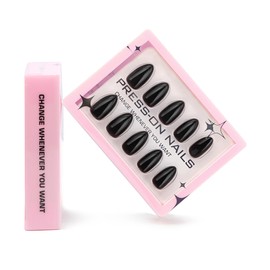 MERVF Press on Nails Almond Shaped Medium All Black Fake Nail Solid Color Design Glue ons Gothic Dark Acrylic Nail Art for Women 30pcs Glossy