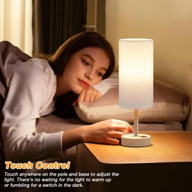 White Touch Bedside Lamp for Bedroom - 3 Way Dimmable Table Lamp with USB, Nightstand Lamp with White Charging Station for Desk Dorm, Girl Kids Room, Small
