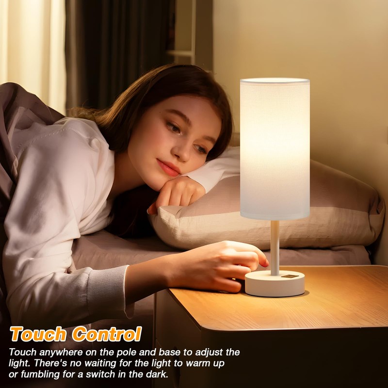 White Touch Bedside Lamp for Bedroom - 3 Way Dimmable