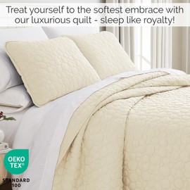 Southshore Fine Living, Inc. Oversized Quilt Bedding Set Lightweight, Prewash Fabric Soft Coverlet Bedspread 3-Piece with Two Matching Shams (98 in Wide x 98 in Long), Full/Queen, Pebble Cream