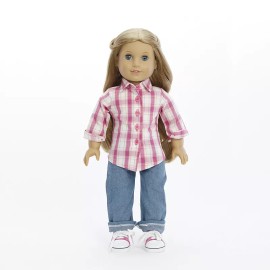 MangoPeaches Button Shirt & Lt Blue Jeans sneakers Fits 18" American Girl Dolls