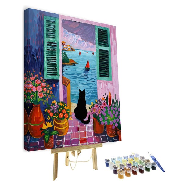 Black Cat Paint by Numbers, Cat Looks at the Sea