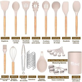 U Chef Juego de utensilios de cocina, 33 piezas de silicona antiadherente, cucharones, pinzas de cocina y medidores de madera, Juego de espátulas con soporte y mango de madera (Beige)