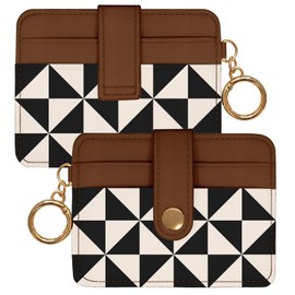 WRIGAEL Slim Wallet for Women Ladies Teen Girls Female Credit Card Holder Cute Aesthetic Unique Modern RFID Triangular Checkered Cardholder Keychain, Brown Black White