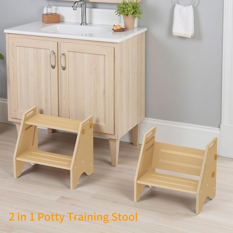Toddler Step Stool, Wooden Height-Adjustable 2 Step Stool for Kids,