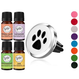 Wild Essentials Dog Paw Essential Oil Car Vent Diffuser Kit With Lavender, Lemongrass, Peppermint, Orange Oils, Stainless Steel Locket Pendant, 8 Refill Pads, Customizable Color Changing Air Freshener