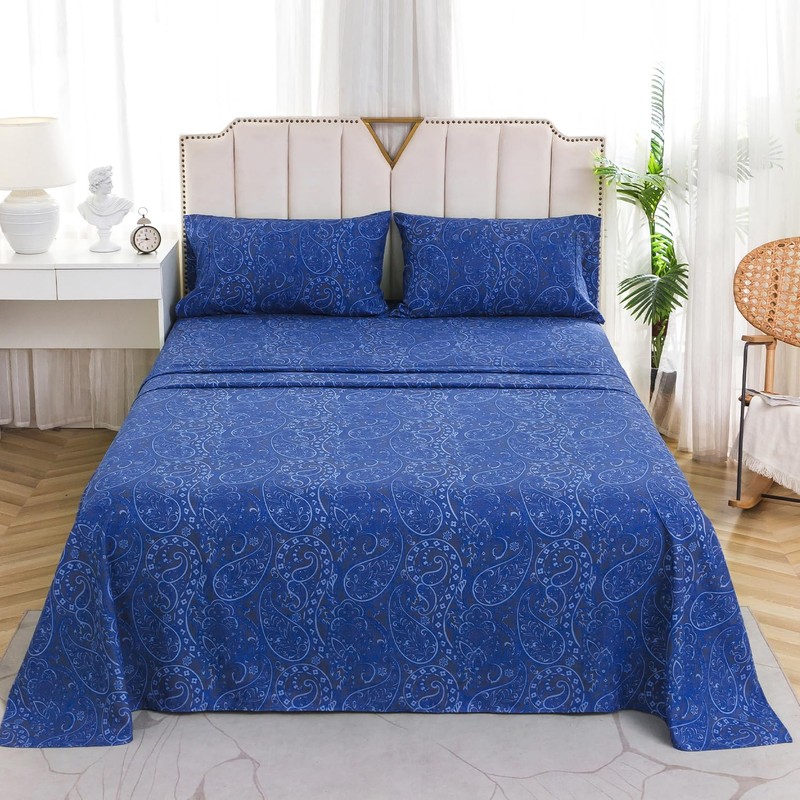 KACEMOO Bed Sheets King Size Navy Blue Paisley Sheets Printed