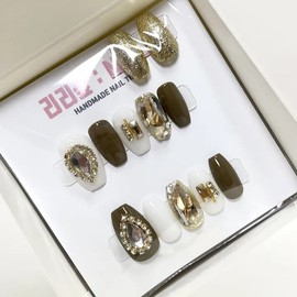 Khaki Gold Full Stone Handmade Nail Tips - Almond / 카키골드 풀스톤 수제네일팁 - 아몬드