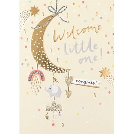 Paperlink - Welcome Little One Baby Card, Gold Moon Design, Congratulations Greeting Card