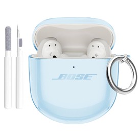 Aircawin for Bose QuietComfort Earbuds II 2022/QuietComfort Ultra 2023 Case Clear,Full Protective Soft Transparent TPU Cover for Bose QC 2 Earbuds with Carabiner and Cleaning Pen-Blue