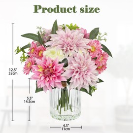 Briful Artificial Flower Arrangement with Glass Vase, 12.5" Faux Dahlia Silk Flowers Centerpiece Table Decorations Pink Mixed Floral Bouquet for Home Office Dining Room Coffee Table Wedding Decor