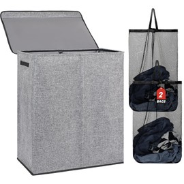 DOKEHOM 150L Double Laundry Basket with Lid and Removable Laundry Bags, Large Collapsible Laundry Hamper with 2 Sections for Bedroom, Bathroom, Laundry Room, Colloge (Grey)