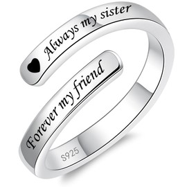 JXJL 925 Sterling Silver Inspirational Jewelry Adjustable Wrap Open Ring Encouragement Gift for Women(Always my sister Forever my friend)