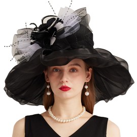 Kentucky Organza Derby Top Hats for Women Sun Visor Cap Ladies Flowers Bride Weeding Fascinators Wide Brim Fedoras, Black 5, Medium