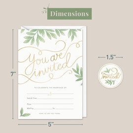 Rileys & Co 50 Pack Wedding Invitation Cards with Envelopes, Bonus Stickers Included, Gold Foil Print and Leaf Design, 13x18 cm (5x7 Inches)