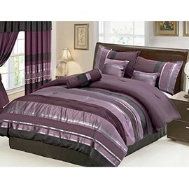 Grand Linen 7 Piece Oversize Eggplant Purple/Black Silver Stripe Chenille Comforter Set 106" X 94" California Cal King Size Bedding