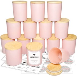 SUPMIND 15 Pack Candle Glass Jars, 7oz Pink Empty Candle Jars with Bamboo Lids and Sticky Labels, Bulk Candle Containers for Making Candles