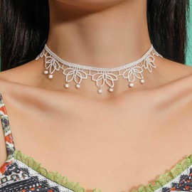 Inateannal Vintage Black Lace Choker Necklace Black Lace Flower Necklace Hollow Wide Lace Necklace Tattoo Lace Pearl Pendant Necklace Jewellery for Women and Girls, Zinc