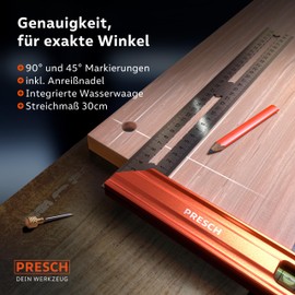 Presch Try Square 300 mm – Highly Precise & Rustproof – Innovative Marking Gauge 30 cm – Exact Carpenter's Angle Including Spirit Level & Scriber for Ultimate Versatility – Perfect 90° & 45°
