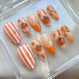 30Pcs Thanksgiving Pumpkin Press on Nails Medium Almond Fake Nails Autumn Leaves Acrylic Nail With Glossy Orange French Tip False Nail Fall Pumpkins Glue on Nails for Women Holiday Nail Decoration