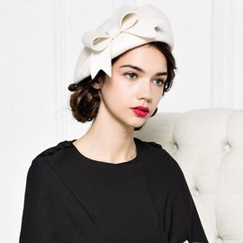 HIMESPORT Elegant Wool Felt Berets Fascinators Fedora Women Church Hats Ladies Bow Caps Wedding Pillbox Hat Wedding Chapeau White