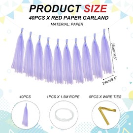 MECCANIXITY 40Pcs Tassel Garland Banner Tissue Paper for Streamers Party Decorations, Valentine's Day Birthday Decor for Women with Rope and Tie Wire (Light Purple, 14.6Inch)