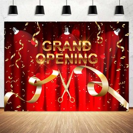 10x8 ft Grand Opening Backdrop Red Curtain Gold Ribbons Cutting Scissors Background New Store Business Office Grand Opening Party Banner Decor Photoshoot Props