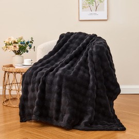 Wajade Fleece Throw Blanket Black Bubble Faux Fur Fluffy Bed Blanket Super Cosy Warm Large Blanket for Bed Sofa Car,127x153CM